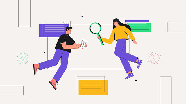 The concept of team work, business, partnership, cooperation. Male and female character working on website or application, developing computer software, coding and programming .