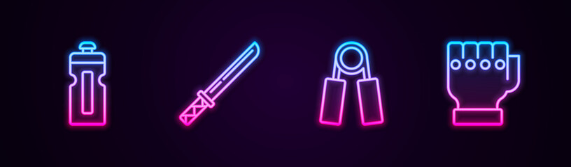 Set line Fitness shaker, Japanese katana, Sport expander and MMA glove. Glowing neon icon. Vector.