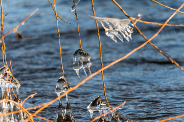 Light reflected through icicles at a river in winter time