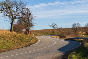 Fototapeta premium Asphalt road between the fields. There are trees and barriers on the curb. The sky is blue with white clouds.