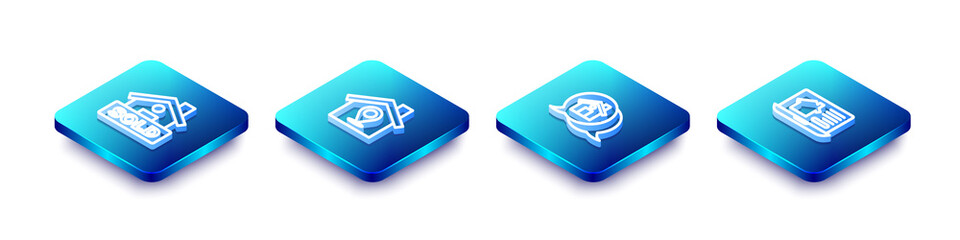 Set Isometric line Hanging sign with text Sold, Location house, Real estate message and Online real icon. Vector.