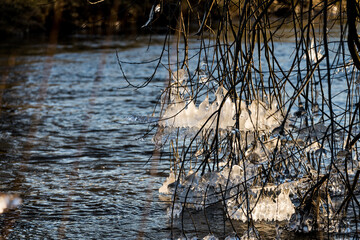 Light reflected through icicles at a river in winter time