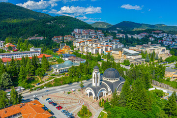 Aerial view of Church of Saint Vissarion Smolenski and planetarium in Smolyan, Bulgaria