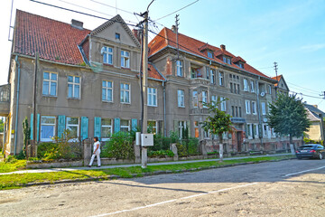 OZERSK, RUSSIA. Pre-war residential building with a mezzanine. Kaliningrad region