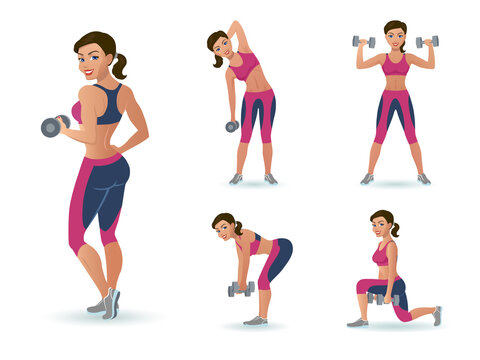 Girl with a dumbbell does the exercise