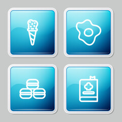 Set line Ice cream in waffle cone, Scrambled eggs, Macaron cookie and Cookbook icon. Vector.