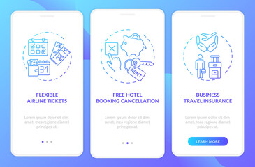 Obraz na płótnie Canvas Covid related marketing tips onboarding mobile app page screen with concepts. Free hotel booking walkthrough 3 steps graphic instructions. UI vector template with RGB color illustrations