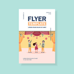 Happy children with microphones performing on stage, playing roles in school theater or singing. Vector illustration for talent show, concert, performance, childhood concept