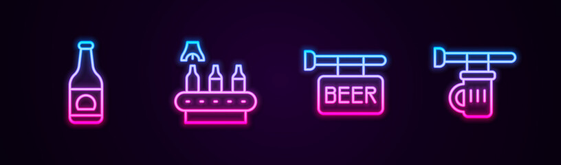 Set line Beer bottle, Conveyor band, beer, Street signboard with and Signboard glass of. Glowing neon icon. Vector.