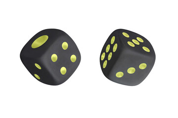 Two black dice isolated on white. One, two, four and three, five, six. Template for the designer, macro photography.