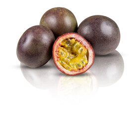 Passion fruit shadows mirror reflection on a white background and clipping path 