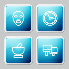 Set line Facial cosmetic mask, Sauna clock, Mortar and pestle and wood bench icon. Vector.