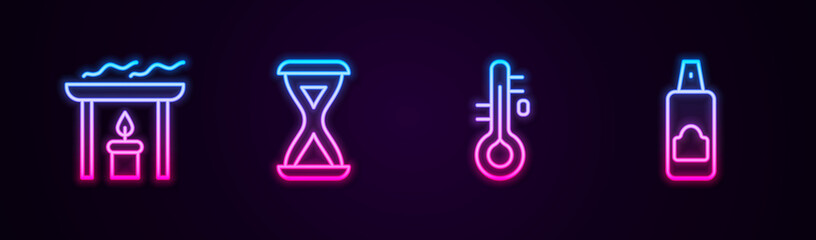 Set line Aroma candle, Sauna hourglass, thermometer and Spray for hairspray. Glowing neon icon. Vector.