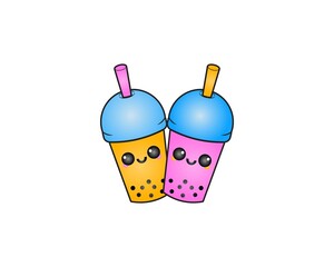 Boba Milk Tea Logo, Bubble Tea, Beverage Symbol with Cute Vector Kawaii Character of Boba Milk Tea