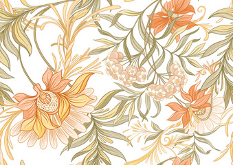 Seamless pattern, background with decorative flowers in art nouveau style, vintage, old, retro style. Vector illustration. © Elen  Lane