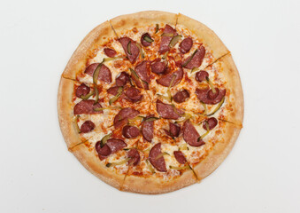Pizza with sausage on a white background
