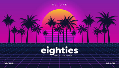 Background Palm tree Landscape 80s Styled. Synthwave, retrowave, cyber neon with copy space.