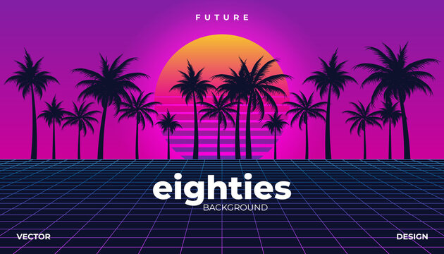 Background Palm tree Landscape 80s Styled. Synthwave, retrowave, cyber neon with copy space.