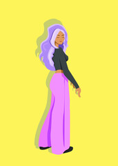 A girl with lilac hair in wide pink pants and a turtleneck on a yellow background