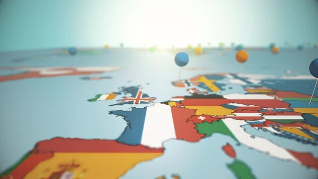 Travel destinations across political map with flags marked with push pins. Tourism journey concept