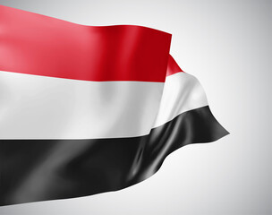 Yemen , vector flag with waves and bends waving in the wind on a white background.