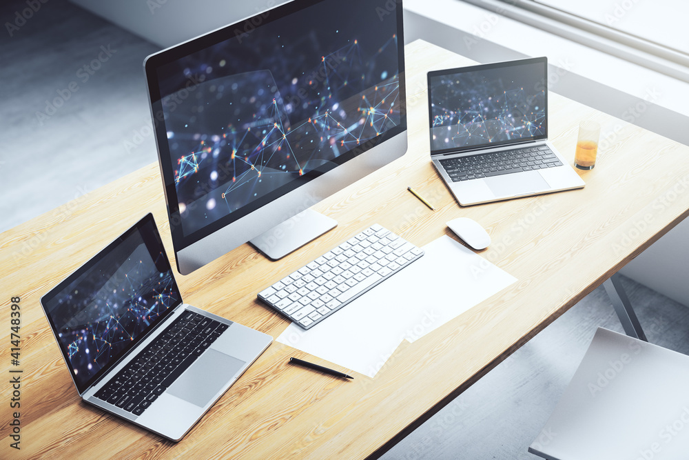 Aufkleber Creative abstract technology sketch on modern laptop monitor, future technology and AI concept. 3D Rendering