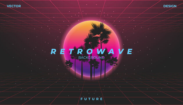 Background Landscape 80s Styled. Synthwave, retrowave, cyber neon with copy space.