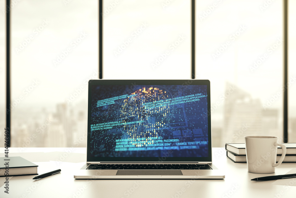 Poster Creative code skull hologram on modern computer monitor, cybercrime and hacking concept. 3D Rendering