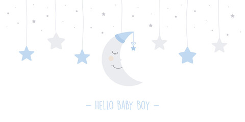 baby boy greeting card with hanging sleeping moon and stars vector illustration EPS10