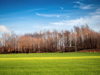 Training ground for Irish National sports with tall goal posts. Blue cloudy sky, Hurling, camogie, rugby and Gaelic football pitch with green grass, - obrazy, fototapety, plakaty