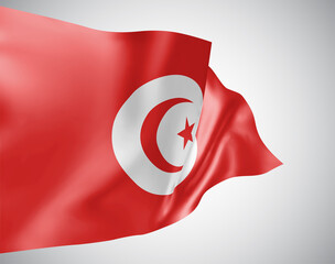 Tunisia, vector flag with waves and bends waving in the wind on a white background.