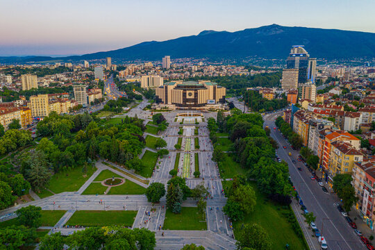 Sunset aerial view of the National Palace of Culture in Sofia, Bulgaria