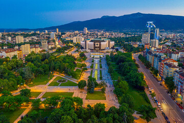 Sunset aerial view of the National Palace of Culture in Sofia, Bulgaria