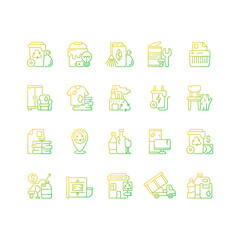 Waste management gradient linear vector icons set. Residential waste collection. Paper shredding. Grass clippings. Thin line contour symbols bundle. Isolated vector outline illustrations collection