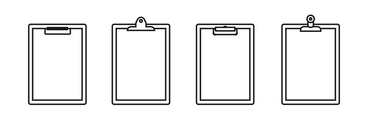 Clipboard icon set. Black outline. Vector illustration, flat design