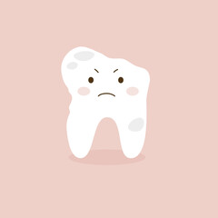 Cute tooth. Dissatisfied, aching tooth concept kawaii vector illustration. Isolated on pink background.