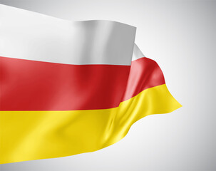 South Ossetia, vector flag with waves and bends waving in the wind on a white background.