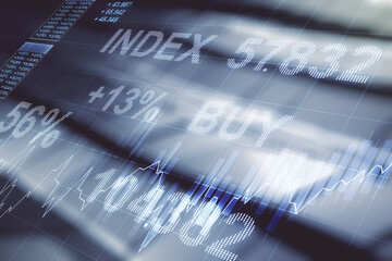 Double exposure of virtual creative financial diagram on shiny metal background, banking and...
