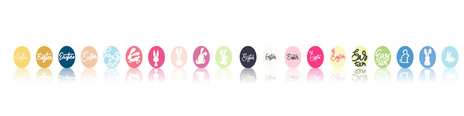 Easter eggs with Happy Easter Hand drawn calligraphy set in a variety of colors and patterns  ,isolated on white background ,Vector Illustration EPS 10