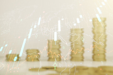 Multi exposure of virtual abstract financial chart hologram and world map on growing stacks of coins background, research and analytics concept