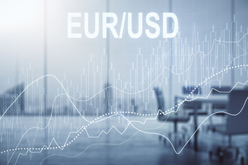 EURO USD financial graph illustration on a modern coworking room background, forex and currency concept. Multiexposure