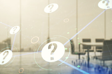 Abstract virtual question mark sketch on a modern boardroom background, FAQ and research concept. Double exposure