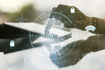 Multi exposure of abstract fingerprint scan interface and hand working with a digital tablet on background, digital access concept