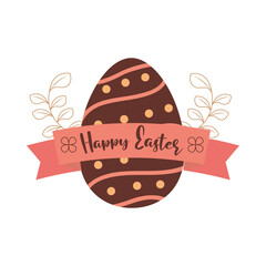 happy easter brown egg floral and ribbon white background