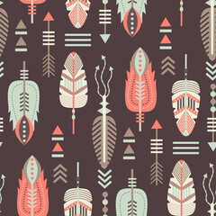 Native American feather seamless pattern. Aztec navajo tribe indian art. Peru geometric vector background. Mexico motif. - obrazy, fototapety, plakaty
