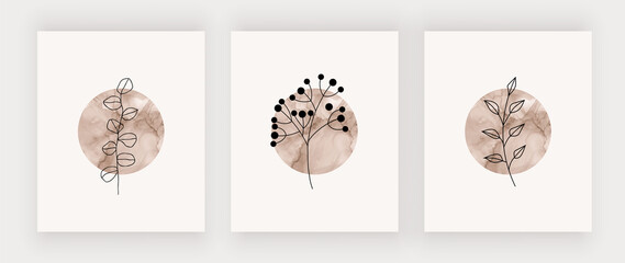Boho wall art prints with circle alcohol ink shapes and black leaves. 