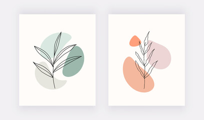 Botanical line art wall art prints with shapes and black leaves. 