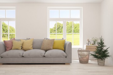 White living room with sofa and summer landscape in window. Scandinavian interior design. 3D illustration