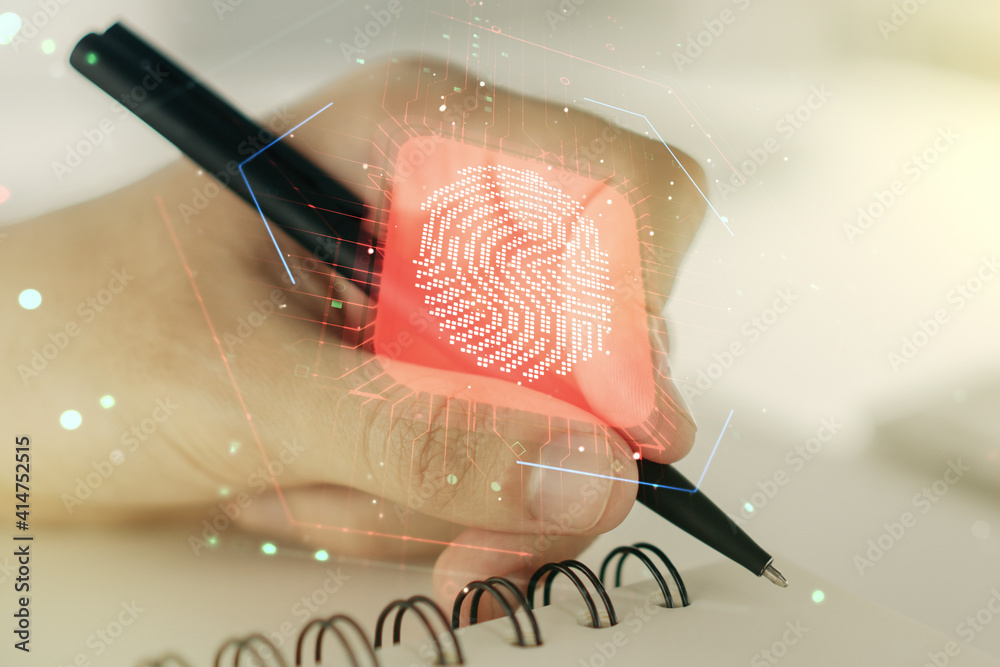 Poster multi exposure of creative fingerprint hologram with man hand writing in notebook on background, per