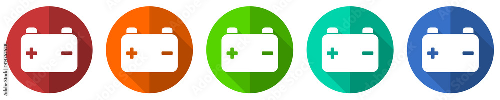 Poster battery, power storage icon set, flat design vector illustration in 5 colors options for webdesign a